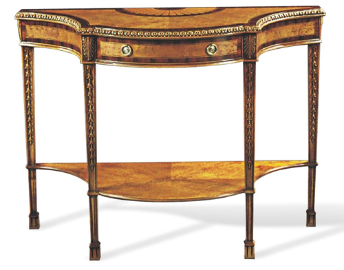 Birdseye Maple Console Table with Rosewood Banding and Marquetry Inlay One Center Drawer with Brass Ring Pulls