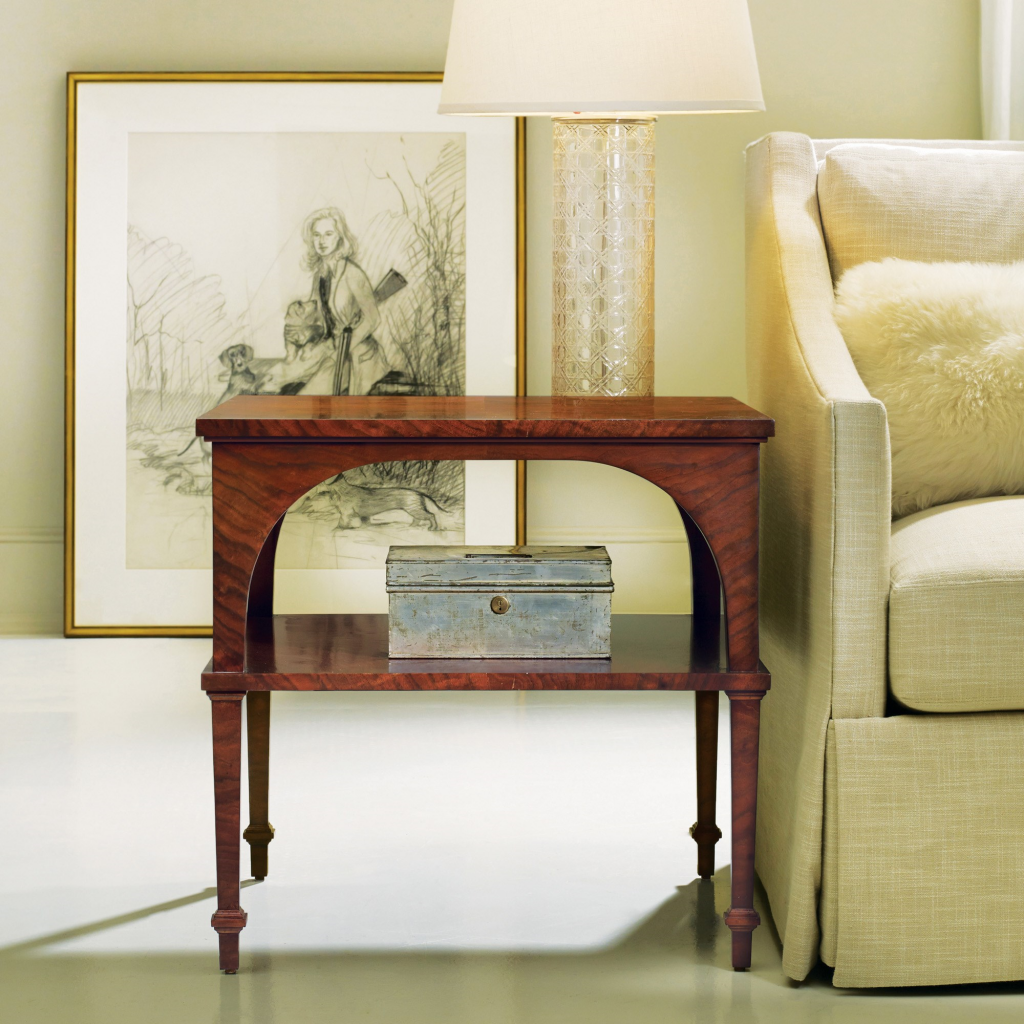 Classical End Table With Shelf, Walnut - Staged