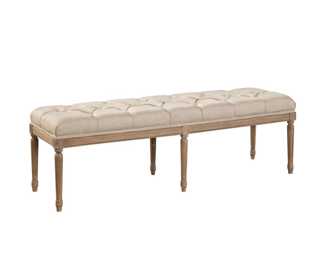 Tufted Oak and Linen Bench